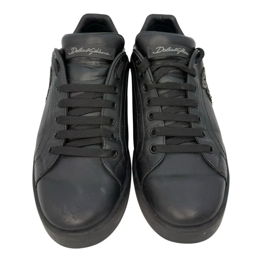 Dolce & Gabbana Black Leather Portofino Crown Patch Sneakers US 7 Eu 40